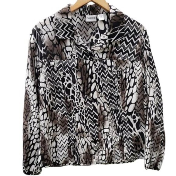Chico's Long Sleeve Brown and Ivory 100% Silk Blouse Women's Sz 2 - Picture 2 of 5